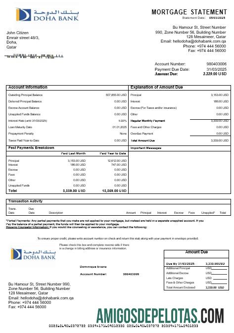 Extrato de hipoteca do Qatar Doha Bank em formatos Word e PDF baixar para verificação